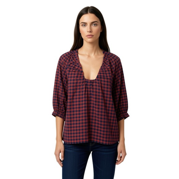Never A Wallflower Tops - Never A Wallflower Womens Gingham Ruffle U-Neck Blouse Red Navy Blue Size M NWT